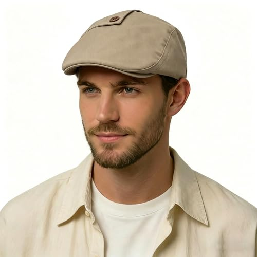 ZLYC Summer Ivy Peaked Cap Balloon Hat Cotton Flat Cap for Men, Button Decor Khaki, One Size