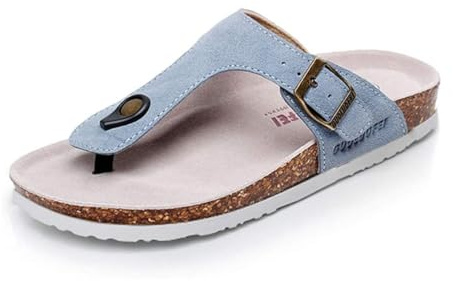 Asifn Women's Slide Men's Cork Footbed Sandal Flat Adjustable Leather Strap Buckle Casual Open Toe Shoes Suede Flip-Flops Summer（Blue,7/7.5 UK,41 Brand Size