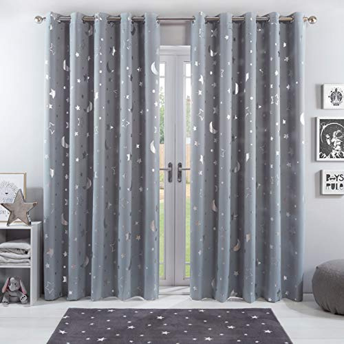 Dreamscene Galaxy Star Thermal Blackout Curtains for Kids Bedroom PAIR of Eyelet Ring Top Panels Metallic Moon - Silver Grey
