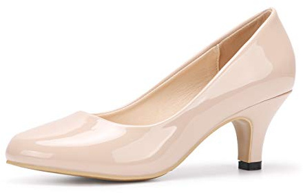 Phorecys Women's Kitten Heels Round Toe Dress Court Shoes Work Comfort Pumps Patent Beige US 10-UK 7.5