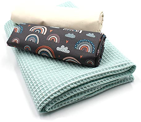 VmG-Store Våffelpiké + bomullstyg i set, färgkoordinerat våffeltyg, 100 % bomullstyg, Tex Standard 100 (regnbågar, pastellgrå, set03)