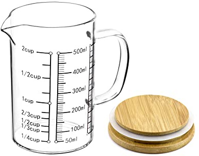 QWORK Glass Measuring Cup, 500ML (18 Oz, 2 Cup), High Borosilicate Glass Scale Cup with Handle and Durable Bamboo Lid, for Kitchen or Restaurant
