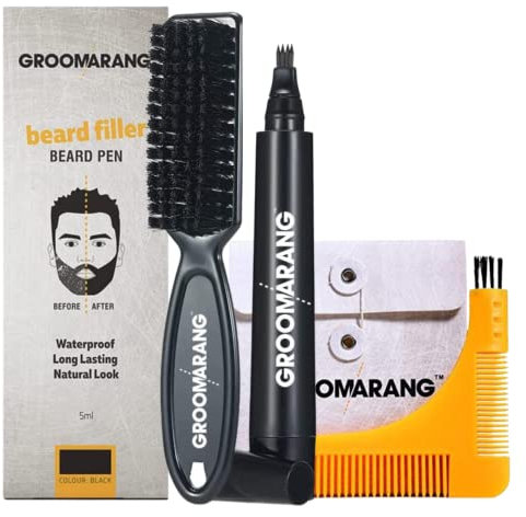 Beard Pen GROOMARANG® Beard Pencil Filler for Men - Natural Enhancer to Fill, Shape and Define - Black or Brown PLUS Beard Shaping Comb (Black)