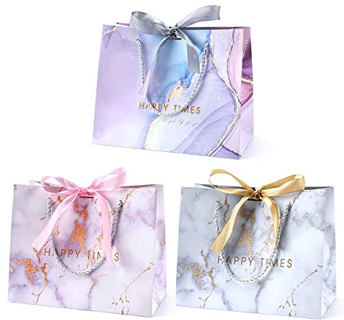 BBLIKE Geschenktüten 3 Stück Papiertüten mit Schleifenbändern, 25x20x12.5cm Geschenktaschen mit Henkel Partytüten Bodenbeutel Kreuzbodenbeutel für Geburtstag Hochzeit Feier Party Weihnachten (Marmor)