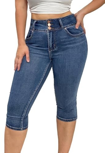 Flamingals Butt Lifting Mid Waist Skinny Jeans for Women Stretchy Fall Trendy Pull On Denim Capris Solid Deep Dark BlueXL