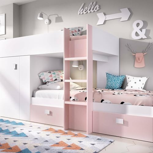 Dmora - Letto per bambini Cevedale, Cameretta completa con armadio e cassetti, Composizione letto a castello con due lettini singoli, 271x111h150 cm, Bianco e Rosa