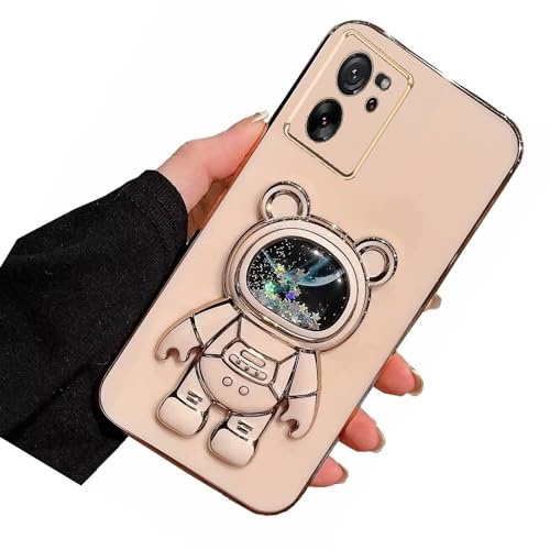 Nadoli pour Xiaomi 13T Sable mouvant Ours Astronaute Invisible Béquille Coque,Ultra Mince Placage Astronaute Pliant Supporter Silicone Flexible Paillette Housse Étui de Potection