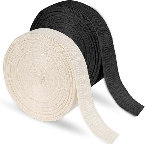 Vaktop 2 Roll Cotton Tape, Twill Tape 30 m x 20 mm, Bias Binding Tape, Herringbone Webbing Tape for Sewing Dressmaking Gift Wrapping DIY Craft (Black/Beige)