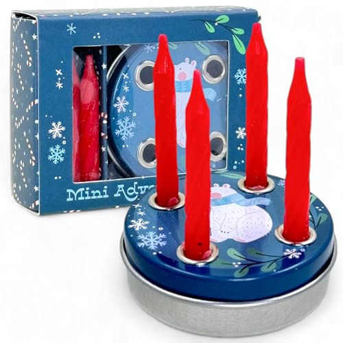 MIJOMA Advent to go: Ghirlanda dell'Avvento tascabile con 4 mini candele rosse, ideale per viaggiare, tradizionale e compatta, perfetta come pensierino o confezione regalo in denaro. (motivo orso