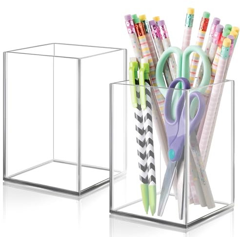 DARUITE 2 Stück Acryl Stiftehalter, Robuster Transparenter Quadratischer Stiftehalter Schreibtisch, Pinselhalter für Schule, Zuhause, Büro oder Küche