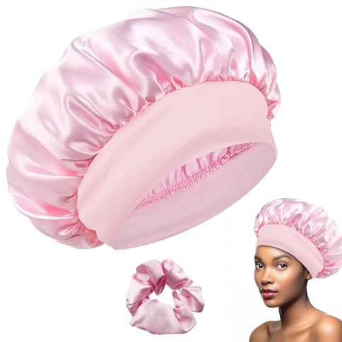 Satin Haarhaube mit Haargummis, Schlafmütze Satin Bonnet Nacht Schlaf, Seidenhaube Zum Schlafen Schlafhaube Haare Schützen, Weich Schlafmütze Damen Haarschutz für die Nacht, Rosa