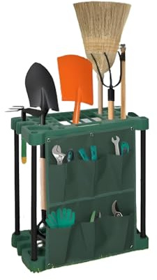 2 Tier Garden Tool Holder Heavy Duty Garden Tools Storage Multi Tool Portable Organiser Tidy with Bag for Sheds, Garages & Outdoors Caddy Freestanding Holder for Rakes, Shovels, Brooms 61 x 58 x 31cm