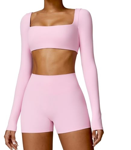 IMEKIS Gym Set Damen Yoga Outfit Langarm Sport Top mit Leggings Kurz 2 Teilig Sportanzug Herbst Winter Workout Fitness Bekleidung für Jogging Pilates