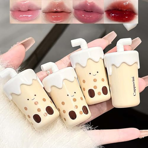 Baorder 4 Farben Feuchtigkeitsspendendes Lipgloss-Set, süßes Milchtee-Flüssig-Lippenstift-Set, feuchtigkeitsspendender getönter Lippenbalsam, hoher Glanz und Spiegelglanz