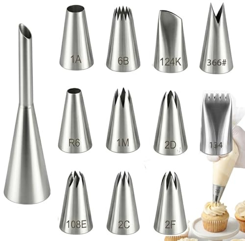 12 pezzi Set di beccucci da pasticceria in acciaio inox, grandi beccucci per sac à poche, beccucci professionali per decorare torte, cupcakes e muffin, accessori da forno
