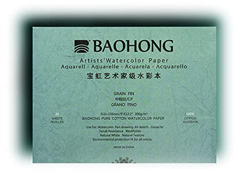 BAOHONG Bloque de papel de acuarela para artistas (20 hojas, pegado en cuatro bordes), 100% algodón, sin ácidos, 140LB/300GSM, suministros de arte de acuarela para pintura húmeda, seca y mixta (prensa
