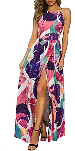 KILIG Maxi Dresses for Women UK Summer Dress Halter Neck Wedding Guest Elegant Long Dress Floral Beach Sundress (Floral-O,Small)