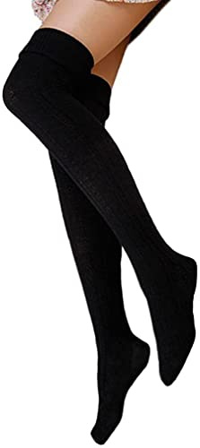 Chaussettes Montantes Femme - Chaussettes de Genoux Longues en Coton Chaudes pour Filles et Femmes - Noir