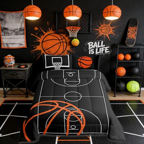 Castle Fairy Basketball Court Print Bedding Set for Boys Girls,Ball Sports Games Themed All Season Cozy Comforter Set Full Size,Orange Basketball and Hoop Duvet Set Home Decor,Children Birthday Gift