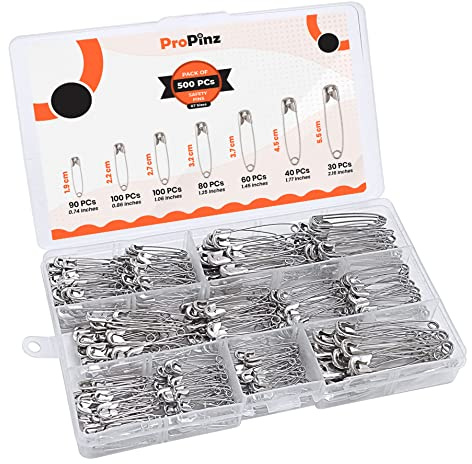 Safety Pins Assorted Sizes - Strong Nickel Plated Steel, Rust Resistant - Ideal for Art & Crafts, DIY, Pinning, Hemming, Dressmaking, Sewing and More (Silver, Pack of 500-7 Sizes)