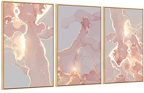 MOUDAMION Pink and Rose Gold Wall Decor, Abstract Canvas Wall Art Aesthetic Luxury Framed Wall Painting Picture Glitter Gold Blush Marble Print Artwork for Living Room Bedroom Kitchen Bathroom Office