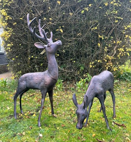 Inspirational Gifting 81cm tall Large Stag and Doe Deer Ornament Set, cast in Aluminium with a bronzed aged verde hand finish - ideal for your home or Garden