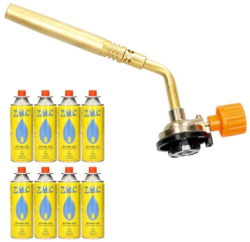 Z.M.C ALLZWECKBRENNER Gasbrenner 1,65 kW + 8x Gaskartuschen 227g, Lötbrenner bis zu 1371 °C, Schweißbrenner Bunsenbrenner mit einstellbarer Flamme, Abflammgerät Lötlampe ideal für Werkstatt