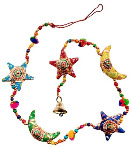 Rastogi Handicrafts Star Bell and Half Moon Hanging Home Christmas Ramadan Gifts Hanging Party Decorative Ornaments Multi Colored Indian Traditional (Half-Moon-Star-Layer)