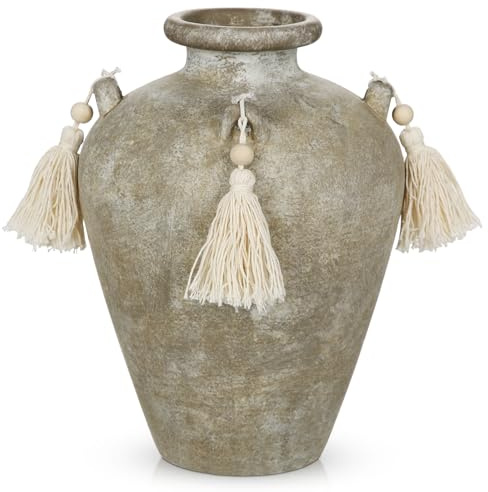 Arobrus Jarrón vintage de cerámica de 24 cm, jarrón gris verdoso con borlas, rústico, decorativo, para flores secas, ramas, estilo casa de campo, bohemio, decorativo, para mesa, estante, balcón