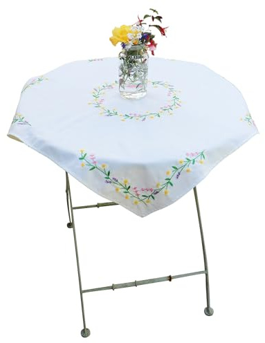 Trimits Kit de bordado, mantel, incluye tela impresa, hilos, aguja e instrucciones (idioma español no garantizado), 80 x 80 cm, cadena de margaritas