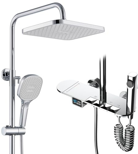 BEITH Termostatiskt duschset, 30 x 20 cm fyrkantig duschpelare, pianotangenter duschsystem med digital LED-display, dusch, badrumskran, mässingsventil, justerbar höjd