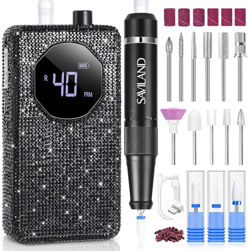 SAVILAND Professional Nail Drill 40000 RPM: Portable Electric Nail Drill Kit for Acrylic Nail Gel Rechargeable Low Noise File Machine with Ceramic Bit Sanding Bands Salon Home Use, Black Diamond