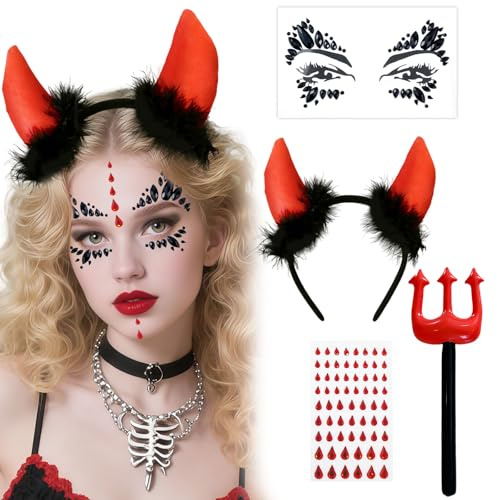 GWAWG Set da 4 pezzi per costume da diavolo da donna – Cerchietto con corna da diavolo, gemme per il viso, tatuaggio cicatrice e bacchetta, accessori per costume di Halloween per cosplay, carnevale