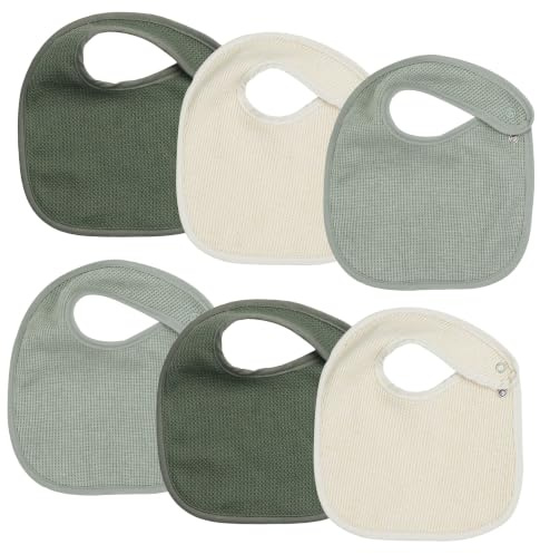Trois Kilos Sept – Lot de 6 Bavoirs Bébé Naissance Nid d’Abeille, Vert et Crème, Fermeture Pression, Doux et Absorbants, Dès la Naissance - 18x21cm