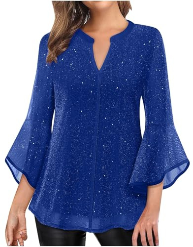 Genérico Blusa Elegante para Mujer, Manga 3/4, Manga con Volantes, Parte Superior de Malla, Patchwork, Fiesta, túnica, Cuello de Pico, Jersey Festivo, Doble Capa, Ligera, Transpirable