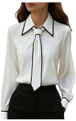GORGLITTER Women's Contrast Binding Long Sleeve Button Down Business Work Casual Blouse Shirts with Tie White Small