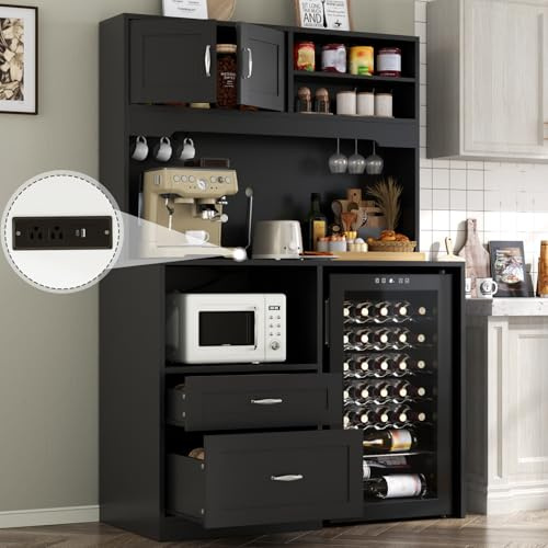 Gyfimoie 72 Tall Storage Cabinet with Fridge Space,Fridge Cabinet with Charging Station,Large Kitchen Pantry Cabinet with Wine Glass Holder and Drawers,Kitchen Hutch with Microwave Stand (Black)