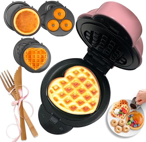 GVAKMM Mini Waffle Maker with 6 Removable Plates,Small Heart Waffle Maker Keto,3-in-1 Multi-plate set,Wafflera Iron for Kids Family&Individuals,4'' Non Stick Cooking Plates with Fast & Even Heating