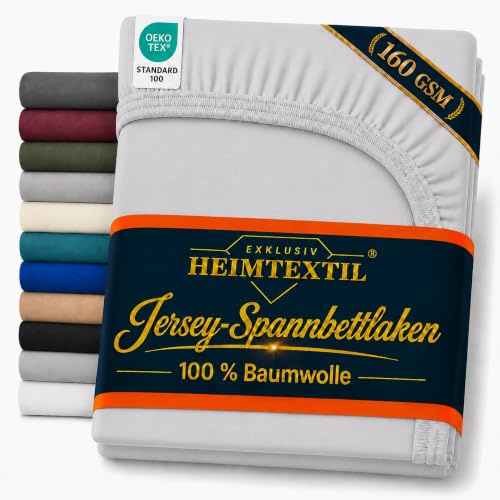 EXKLUSIV HEIMTEXTIL Jersey Fitted Sheet Deluxe 140 x 200 cm Silver 160 GSM, 100% Cotton Oeko-Tex Certified Bed Sheet Fitted Sheet Topper Linen Cloth