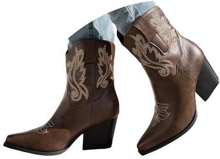 Sommarstövlar cowboystövlar för kvinnor med blockklack, spetsigt tåparti, broderad retrodesign, dragkedja på sidan och medelhögt skaft cowboystövlar damer