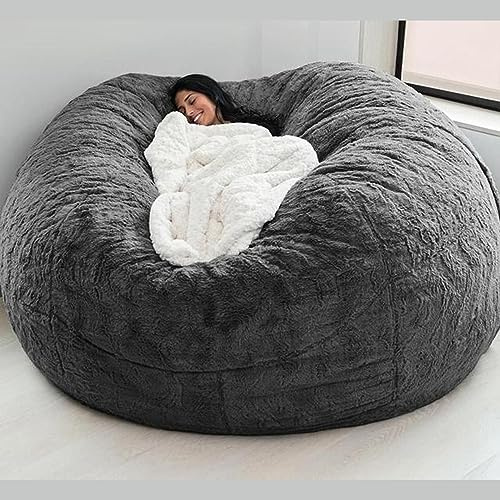 Sitzsack Stuhl Abdeckung (nur Abdeckung, Keine Füllung), Round Soft and Fluffy Faux Fur Bean Bag Lazy Sofa Bed Cover für Gaming-Stühle und Gartenstühle Giant Fur Bean Bag 180 * 90cm/7ft