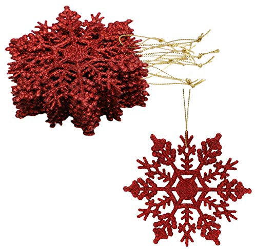 Packung mit 12-10 cm Glitter Schneeflocke zum Aufhängen - Weihnachtsschmuck (Rot)