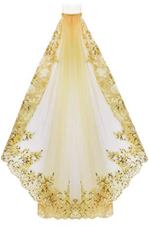 YJZQ Femme Voille de mariage Couche de Voile Noble Voilette Vintage Broderie Dentelle PaillettesTulle en Maille raffiné pour Danse Bal Soirée Or Brillant Taille Unique