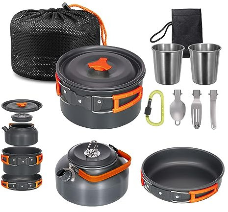 Lixada Camping Cookware Kit, Portable 2-3 People Camping Cooking Set Lightweight Non-Stick Camping Pot and Pan Set with Cups Spoon Fork Cutter for Outdoor Travel Camping Hiking Picnic BBQ