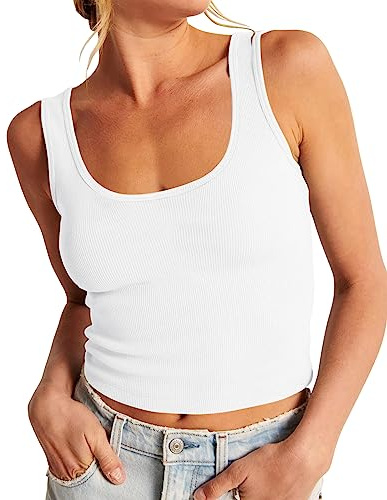 Artfish Women's Sleeveless Shirt Ribbed Fitted Scoop Neck Basic Long Crop Tank Top Square White, M