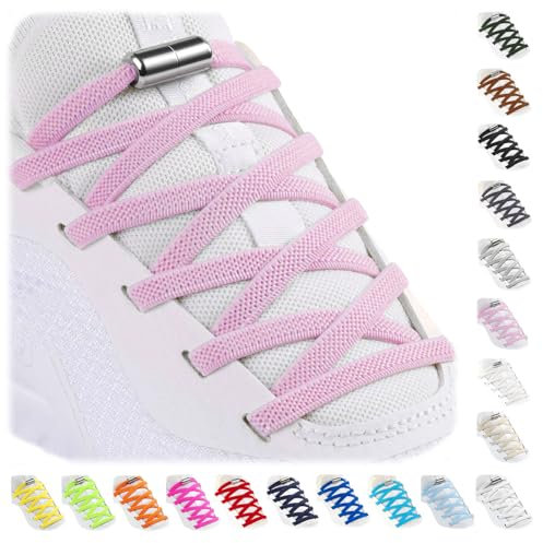 Stepace 2 Paires Élastiques Lacets avec Fermeture en métal, Plats Élastiques Lacets sans Nœud Universels pour Enfants et Adultes,Adaptés aux Chaussures de Sport Course Rose