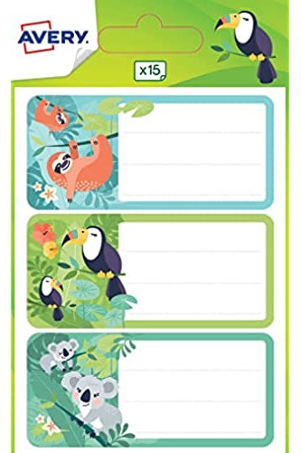 Avery - Beutel mit 15 Schuletiketten mit Faultiermotiven, Tukan, Koala, 76 x 34 mm, weiß mit Linien, selbstklebende Etiketten für Name, Vorname und Materialien, personalisierbarer Aufkleber für die