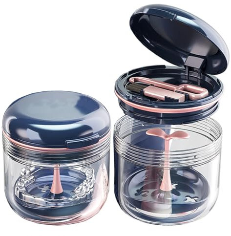 MURRI&MURRDI Tragbare Zahnprothese Box, Badebox für Prothesen mit Siebkorb, Zahnprothesen Behälter Box mit Spiegel, Protesen Reinigung & Aufbewahrung Gebissdose Zahnprothesendose Lustig (Dunkelblau)