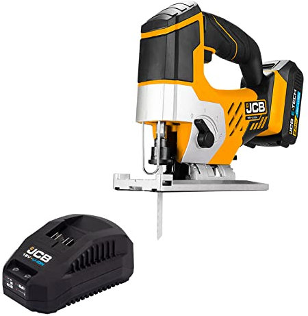 JCB 18V Cordless Jigsaw, 2.0Ah Battery, Fast Charger, Variable Speed & Adjustable Foot Plate, Tool-Free Blade Changing, Led Light & 4 Stage Pendulum, 3 Year Warranty