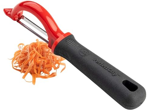 TableCraft 10997 Vegetable Peeler, Stainless Steel, Straight Edge, Ergonomic Non-Slip Handle with Eye Remover, 1.125x1.375x7.25, Red/Black – Commercial Kitchen Use